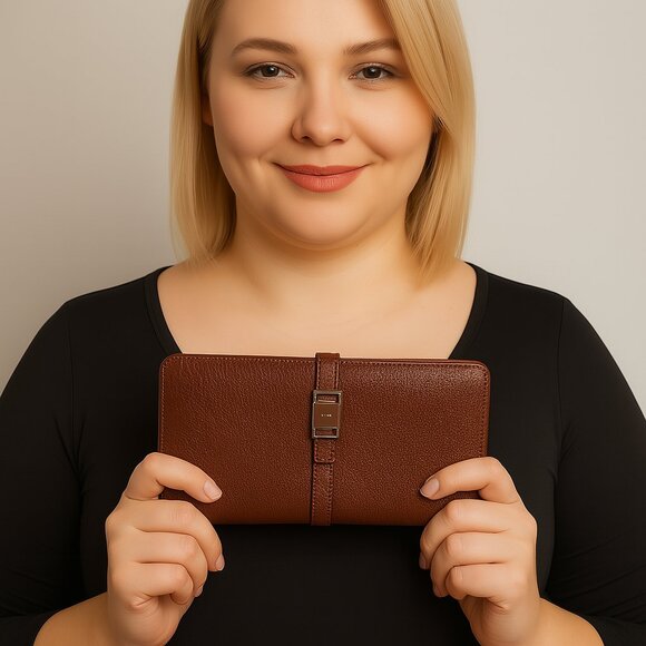 Salvatore Ferragamo Women’s Luxury Wallet | Brown Leather Snap Closure - 7"x3" - Picture 1 of 15